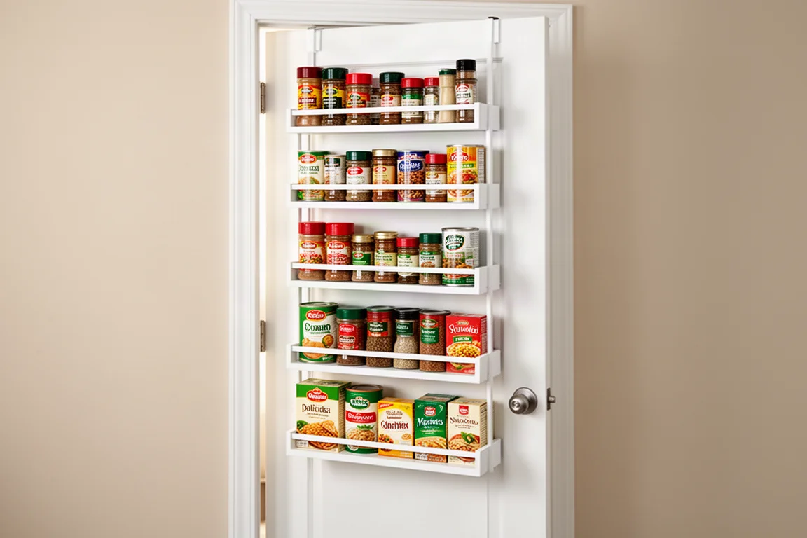 Pantry door open with a multi-shelf over-the-door rack holding jars, cans, and boxes