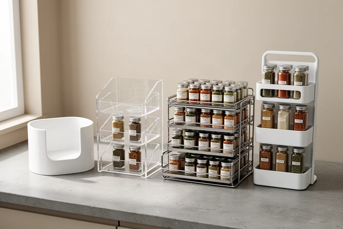 Four spice storage organizers lined up on a kitchen countertop with glass jars