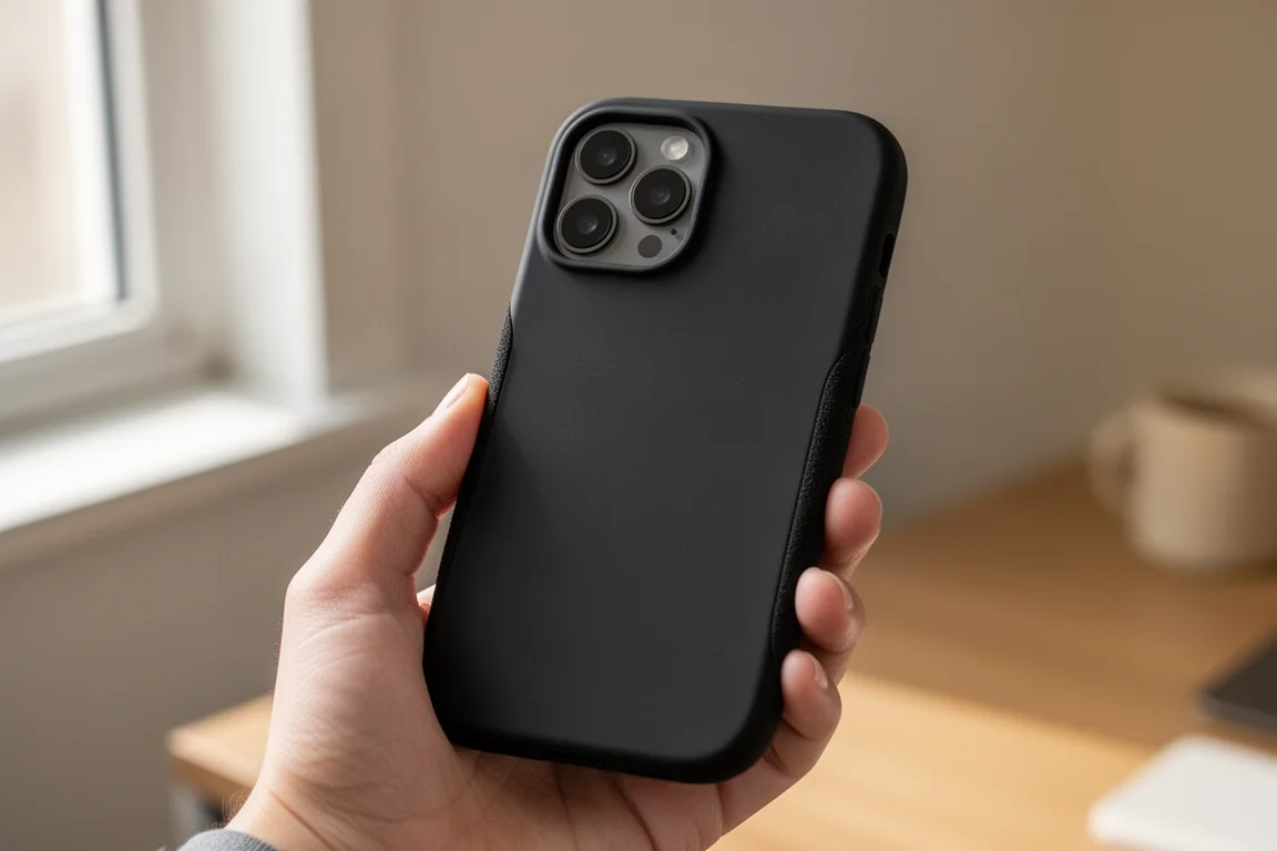 Persoon houdt een iPhone 13 in een slank gestructureerd hoesje in zacht daglicht