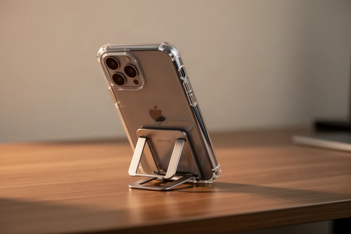 Transparant iPhone-hoesje met kickstand op een bureau, de telefoon in een hoek houdend