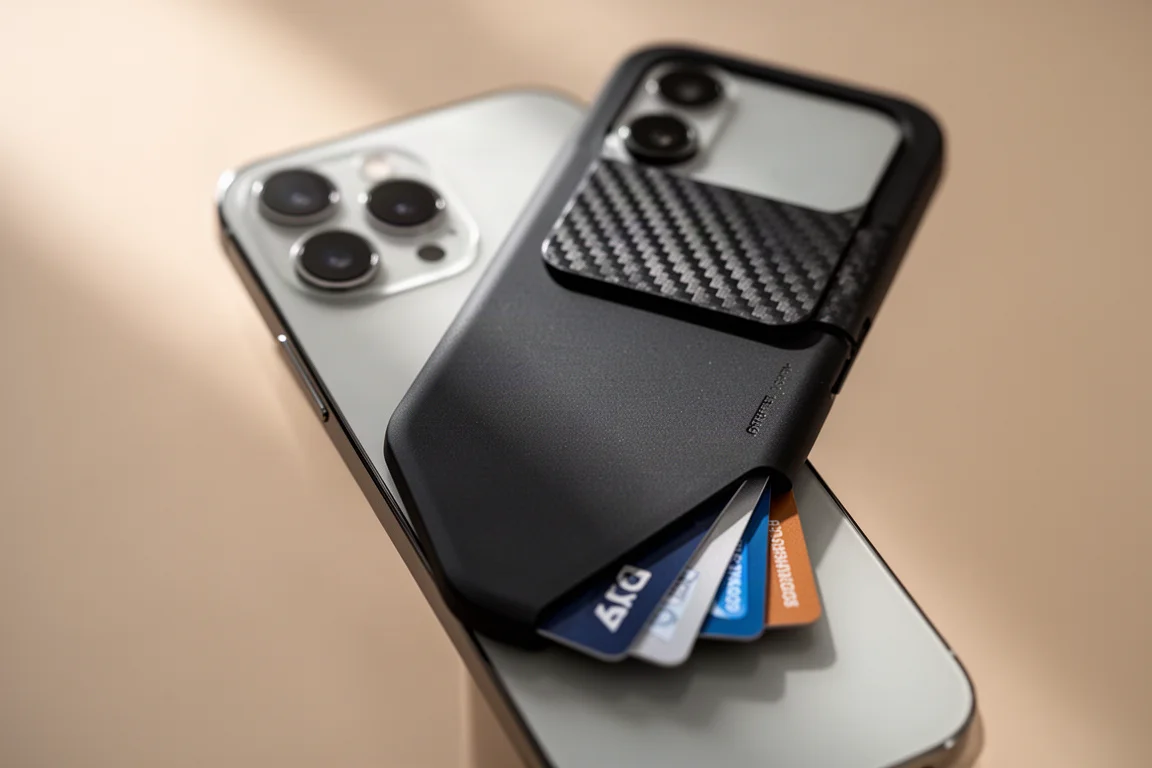 Magnetische portemonnee aan de achterkant van een iPhone met twee kaarten