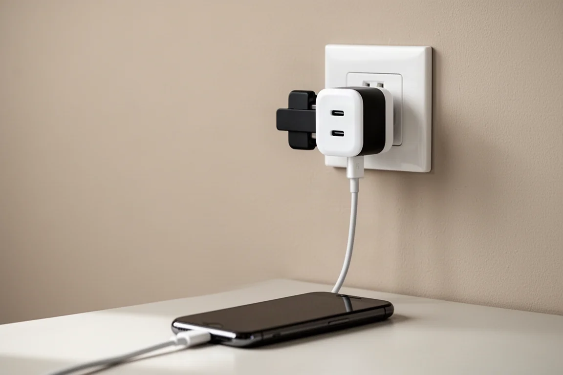 Compacte dual-port USB-C lader in een stekkendoos gestoken