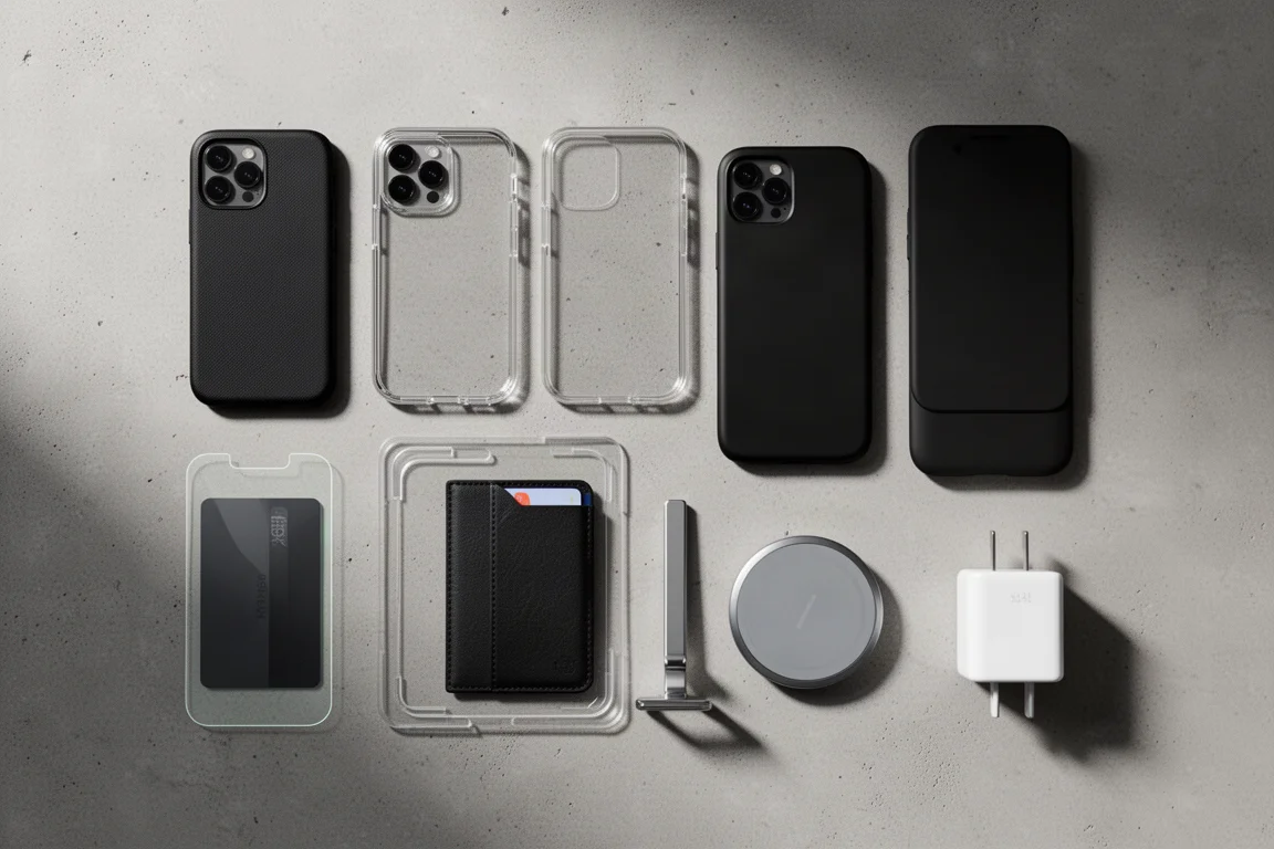 Collezione di accessori Spigen per iPhone 13 disposti su una superficie in cemento