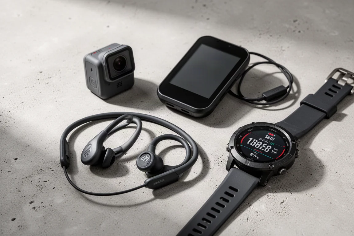 Flat-lay of action camera, bike computer, sport headphones, and sports watch on concrete