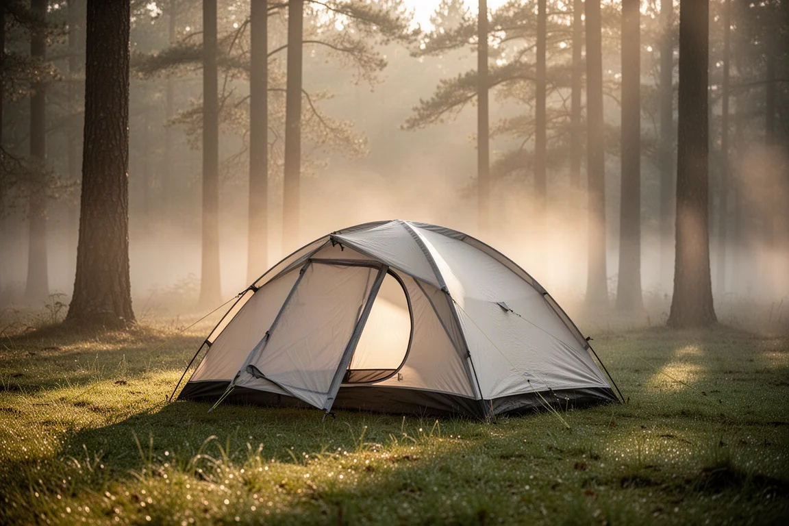 Tenda a cupola per due persone montata in una radura nebbiosa del bosco durante l'ora d'oro