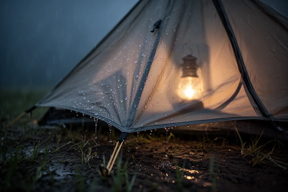 Gocce di pioggia che scendono lungo il telo esterno di una piccola tenda di notte con bagliore caldo all'interno