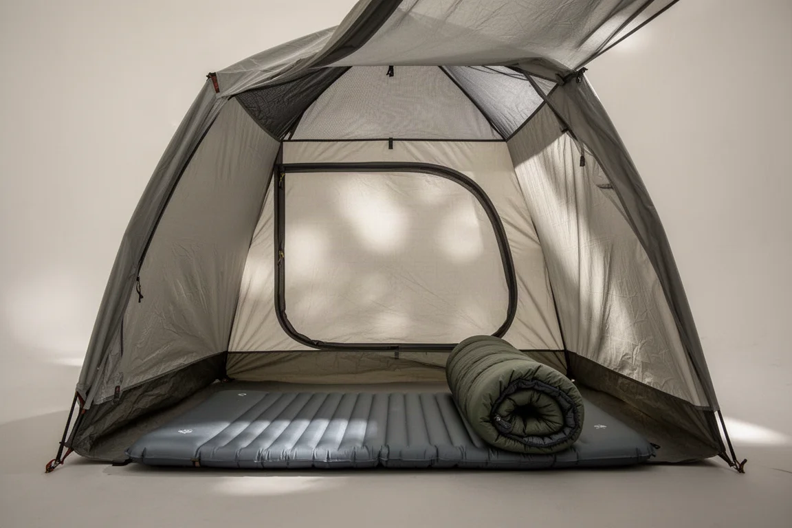 Interno di una piccola tenda per due persone con pareti in tessuto e pannello superiore in zanzariera