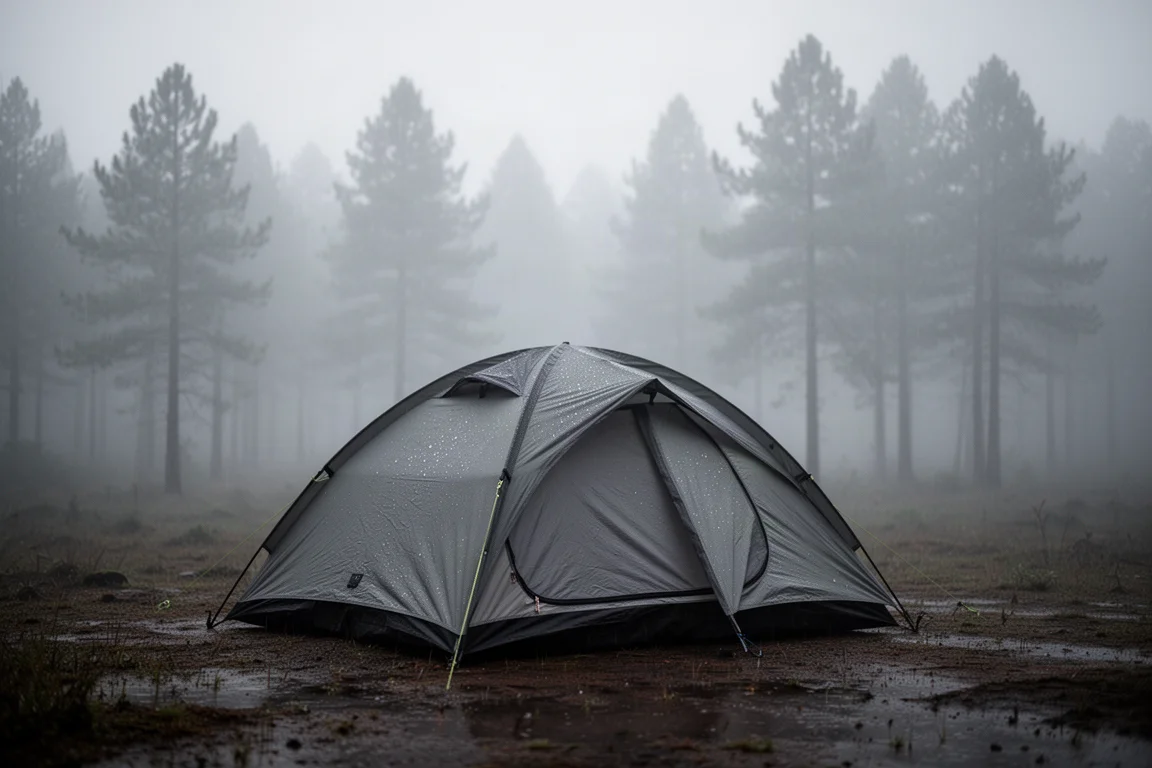 Campeggio umido in una mattina nebbiosa dopo la pioggia notturna con tenda e pineta