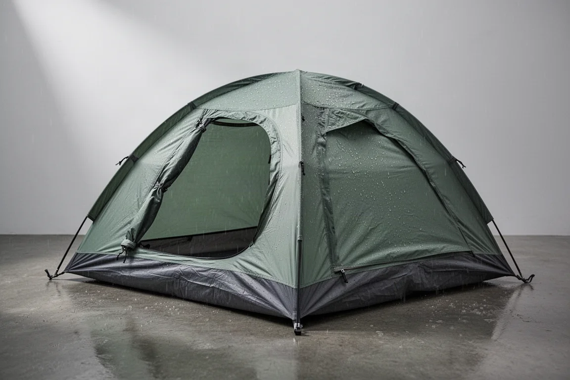 Two-person dome camping tent pitched on wet concrete with rain beading on the flysheet