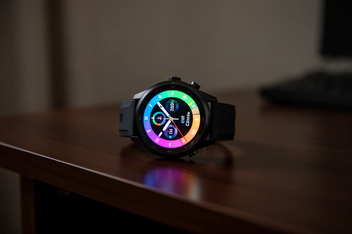 昏暗房間中智能手錶屏幕亮起鮮明的 AMOLED 錶面