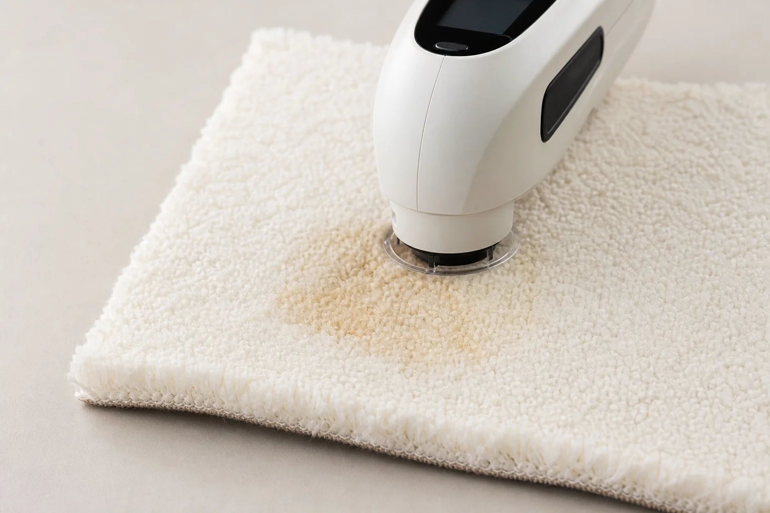 Colorimètre mesurant la clarté d'une tache sur un échantillon de tapis blanc