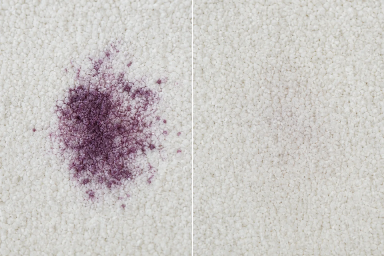 Tache de jus de raisin séchée sur un tapis blanc avant et après traitement