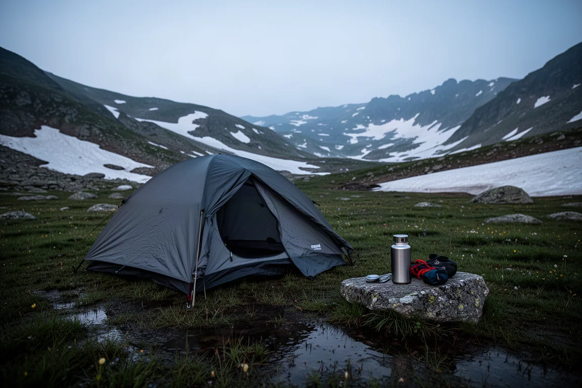 Alpine campsite at dusk with a dark grey tent, bear canister, and gear on wet grass