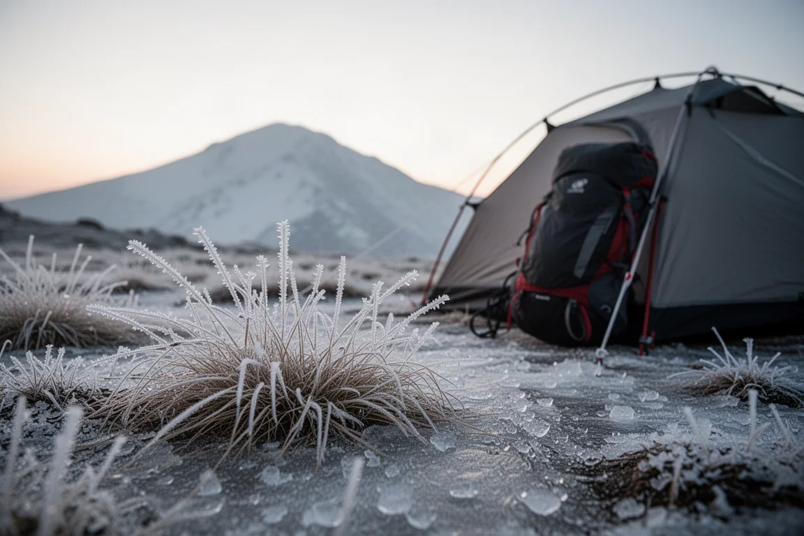 Frost-covered alpine grass at sunrise beside a low-profile backpacking tent