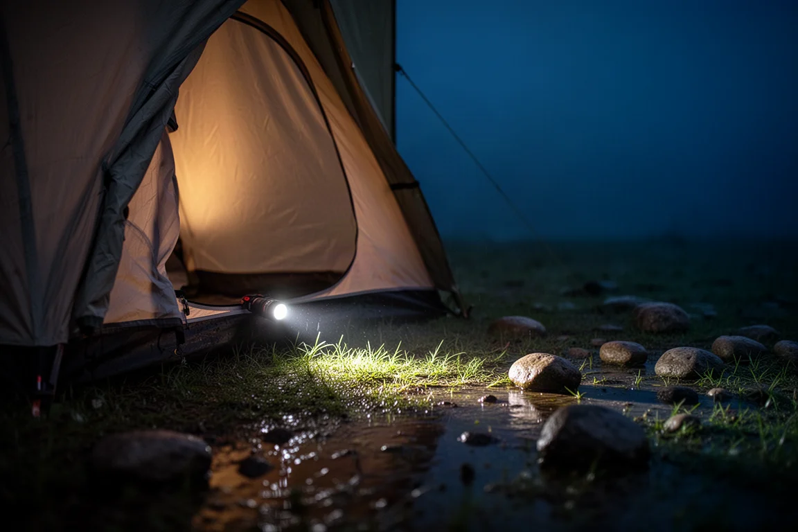 Tent doorway at night with warm light spilling onto wet grass and rocks