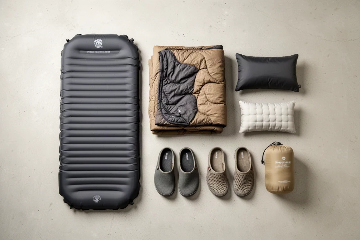Overhead flat-lay of backpacking sleep and camp gear on pale concrete