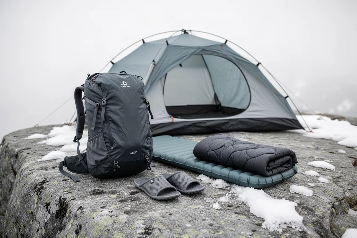 Équipement de randonnée printanier comprenant un sac ultraléger, une tente une place, un matelas de sol, une couette et des chaussons de camp sur la roche alpine