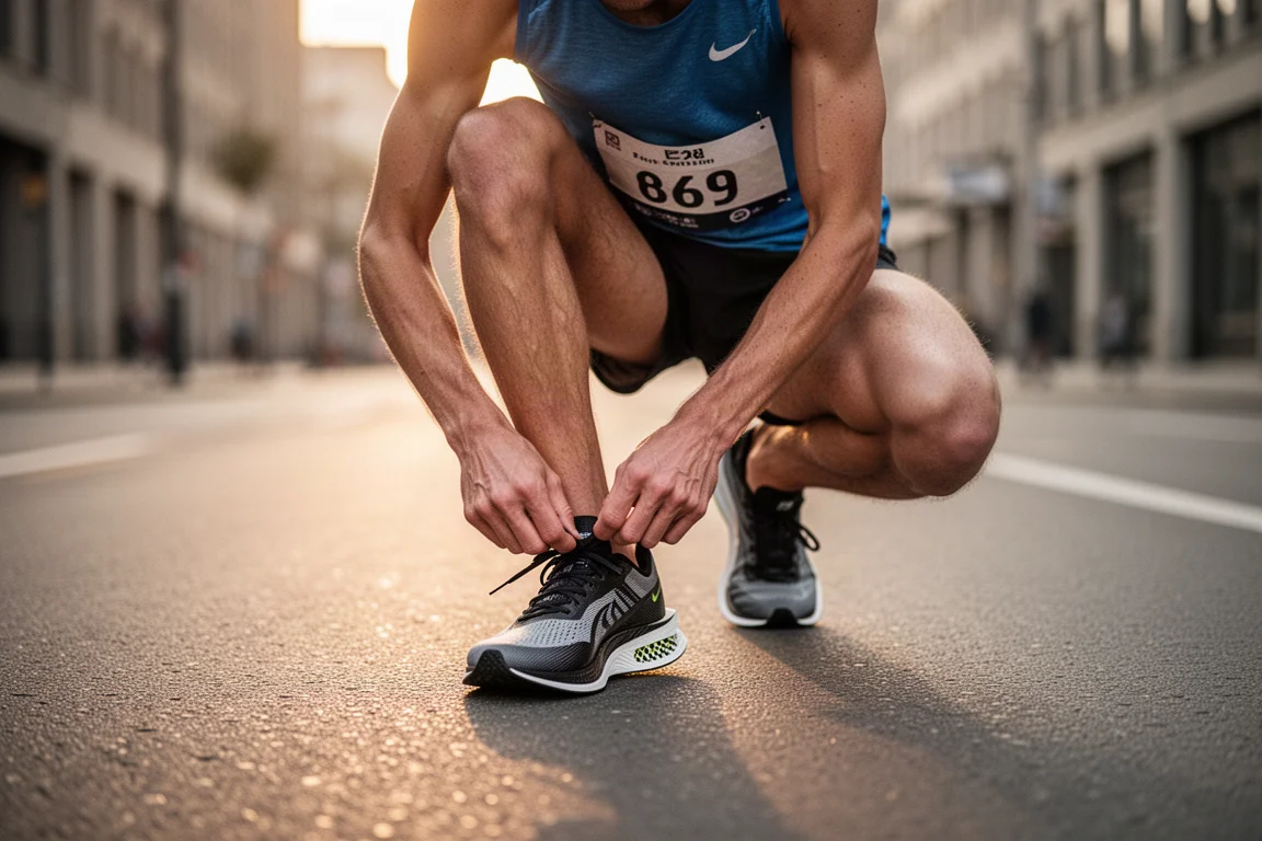 Un runner allaccia una scarpa da gara con piastra in carbonio prima di una maratona al mattino presto