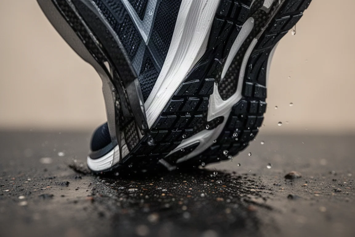 Primo piano dell'intersuola di una scarpa da gara con grip aggressivo su asfalto bagnato