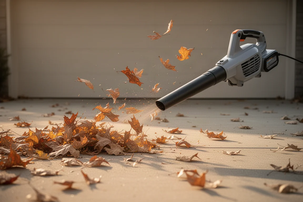 Souffleur à feuilles nettoyant des feuilles sèches sur une allée en béton