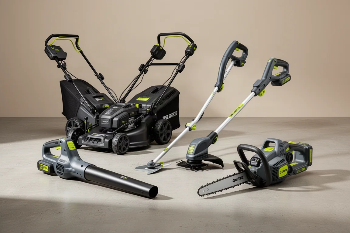 Collection of cordless outdoor power tools arranged on a concrete surface