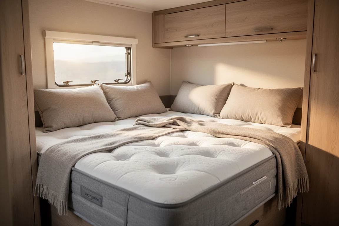 Cozy RV bedroom interior with a plush mattress and soft morning light