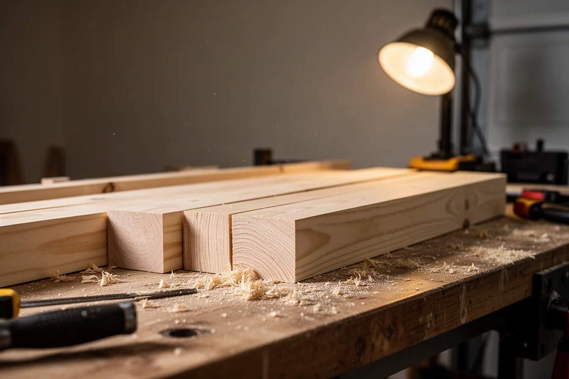 Workbench scene with sawdust and a cordless drill resting on lumber