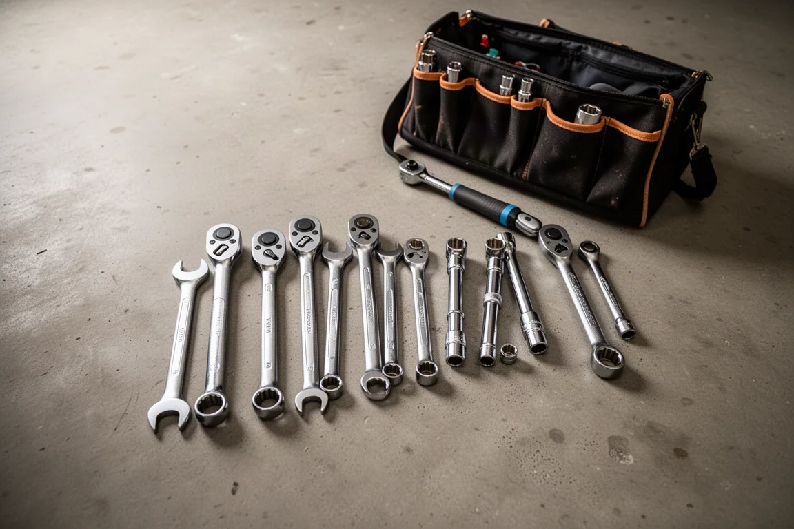 Open tool bag with wrenches and sockets laid out on a garage floor