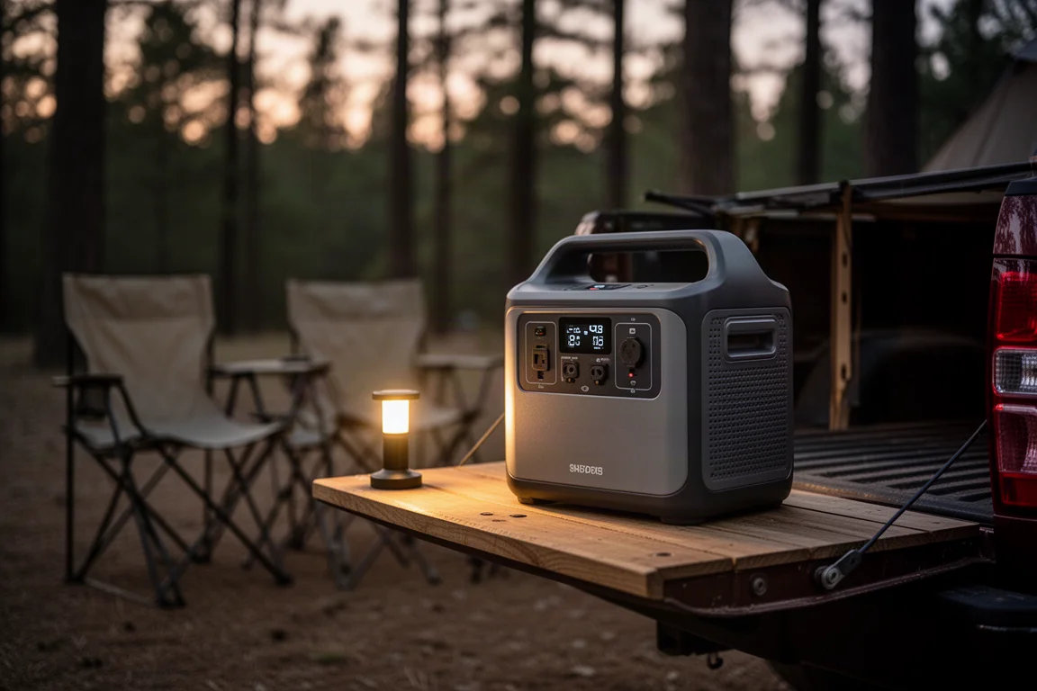 Portable power station on a tailgate charging gear during a camping evening