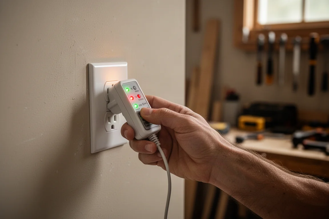 Hausbesitzer prüft eine Steckdose mit einem Einsteck-Testgerät in der Werkstatt