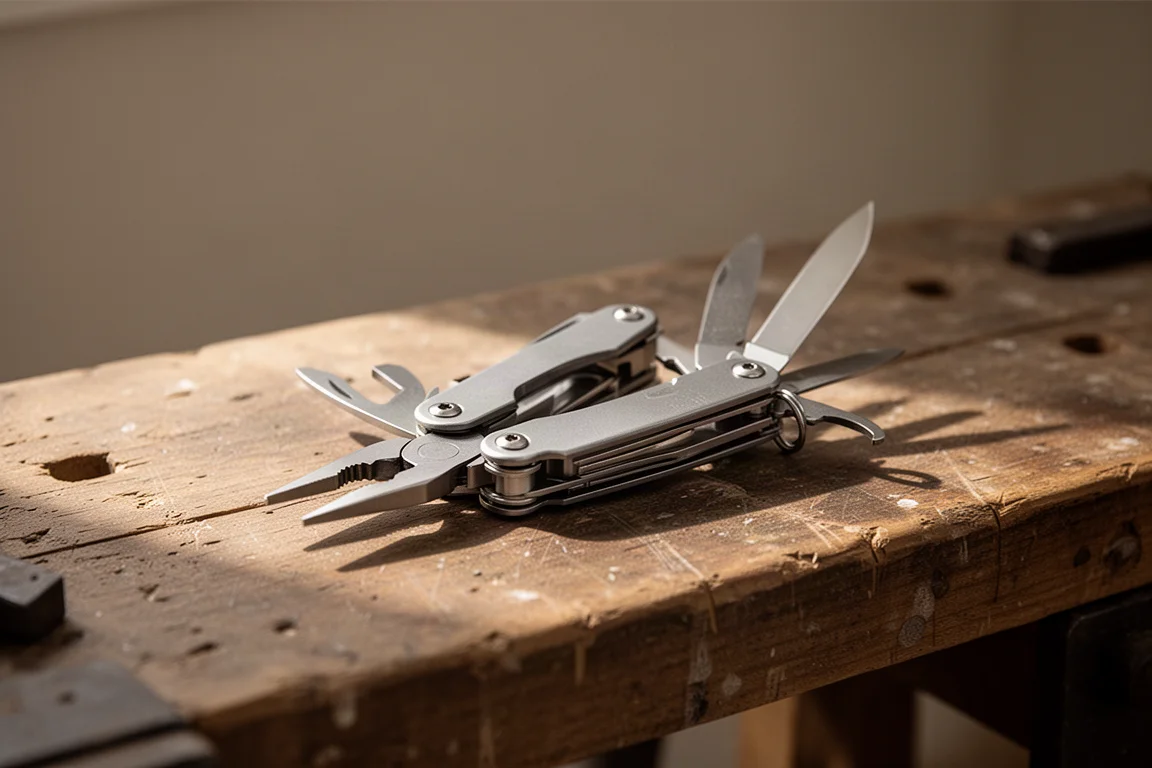 Multitool mit ausgeklappter Zange und Messerklinge auf einer hölzernen Werkbank