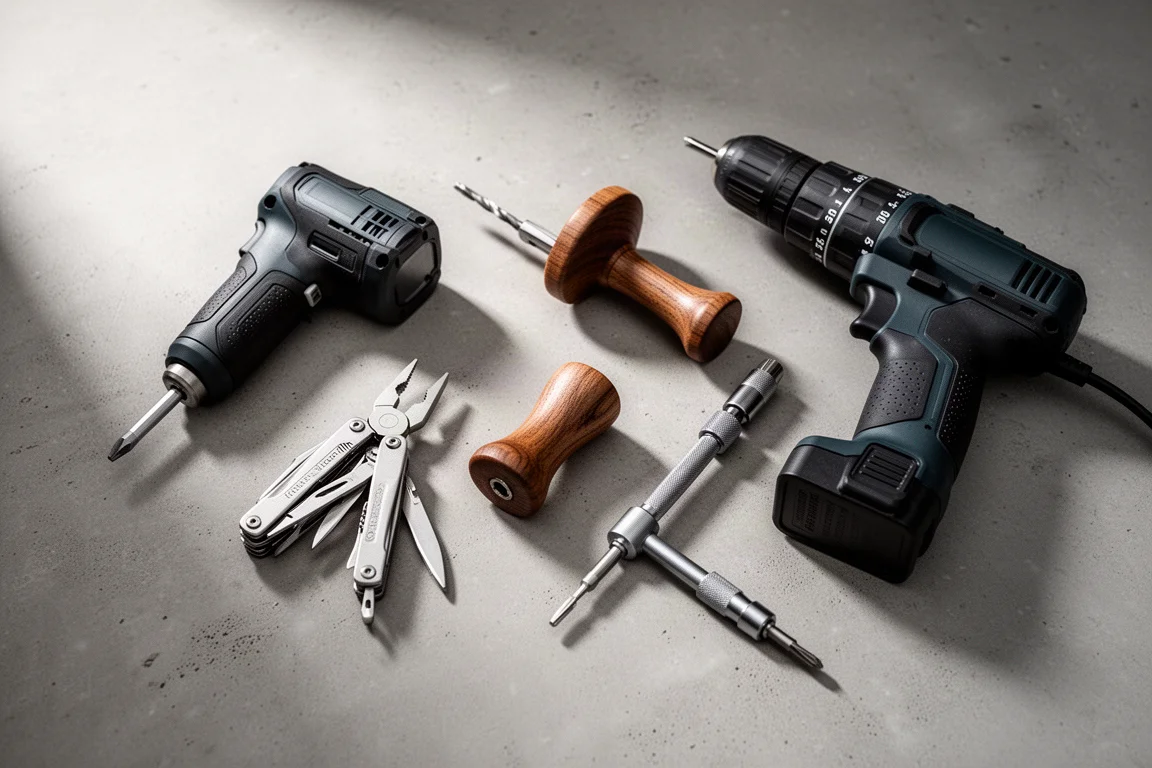 Flat-lay of workshop tools including a screwdriver, multi-tool, router, and drill on concrete