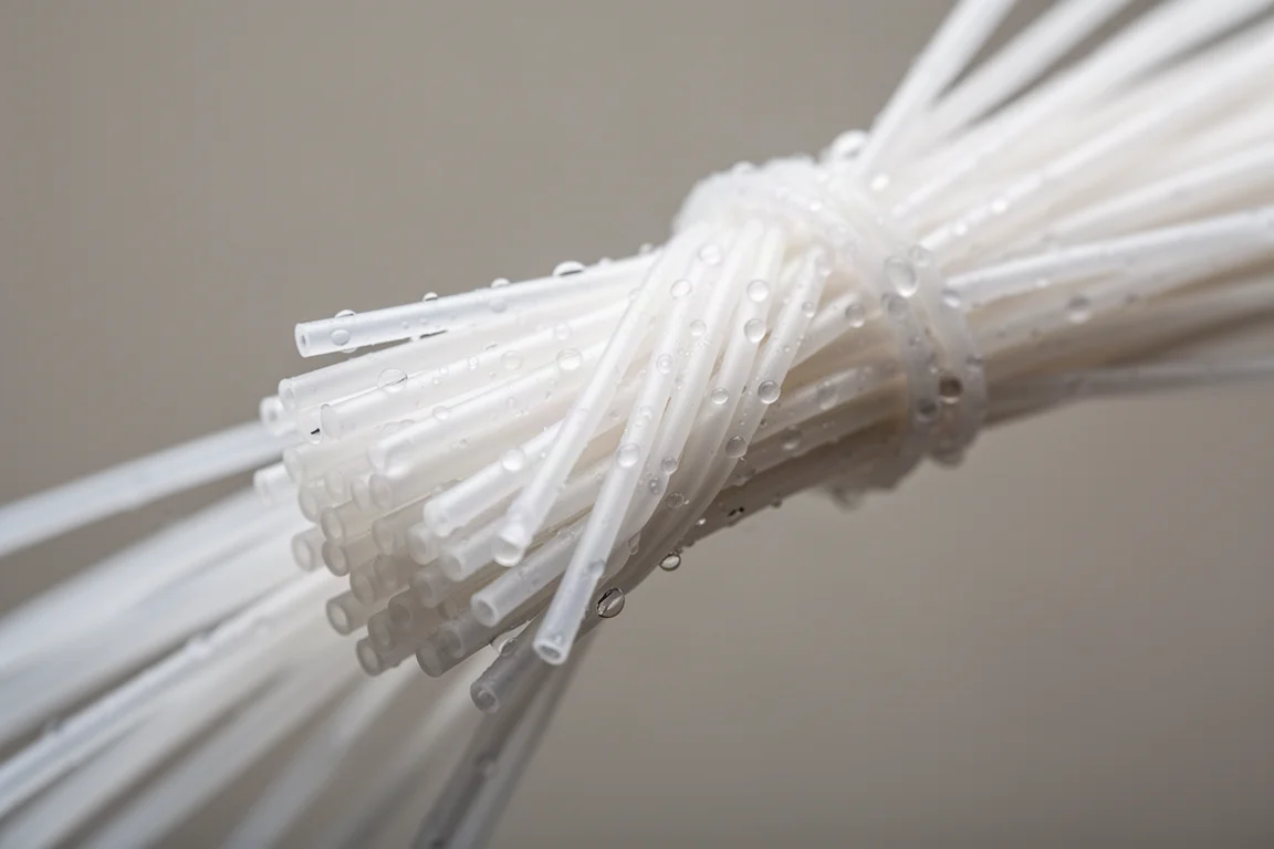 Zbliżenie pęczka cienkich białych rurek membrany z włókien hollow fiber z kroplami wody