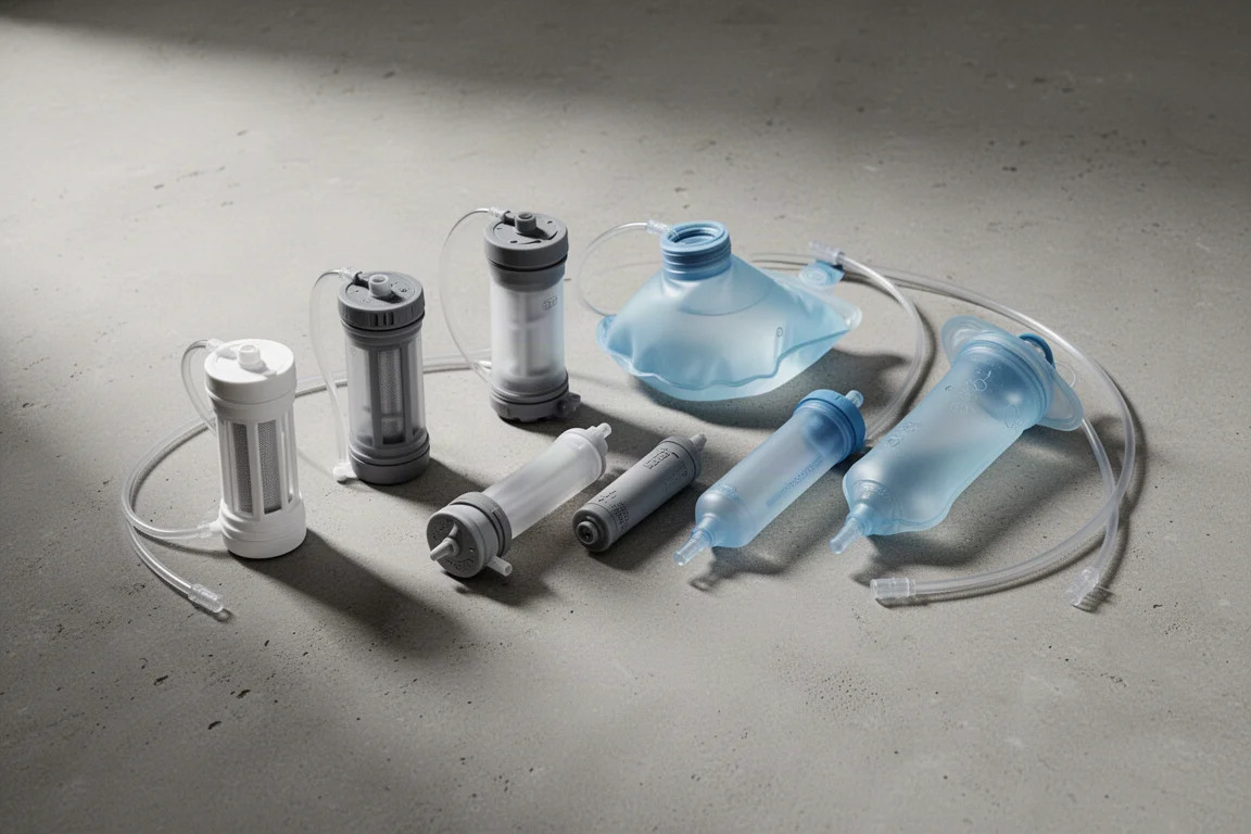 Seven lightweight hollow fiber squeeze water filters arranged on a concrete surface