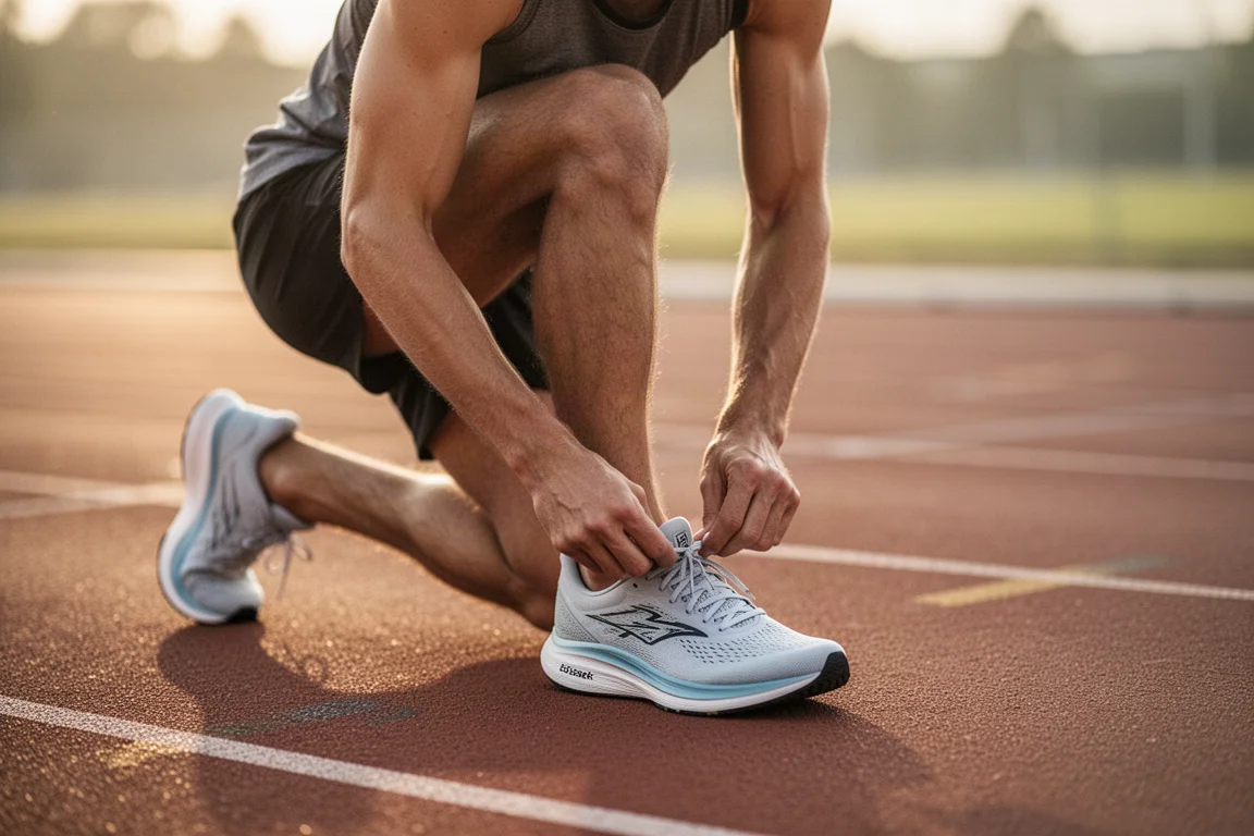 Läufer dehnt sich neben einem Schuh auf einer Laufbahn während einer Trainingseinheit