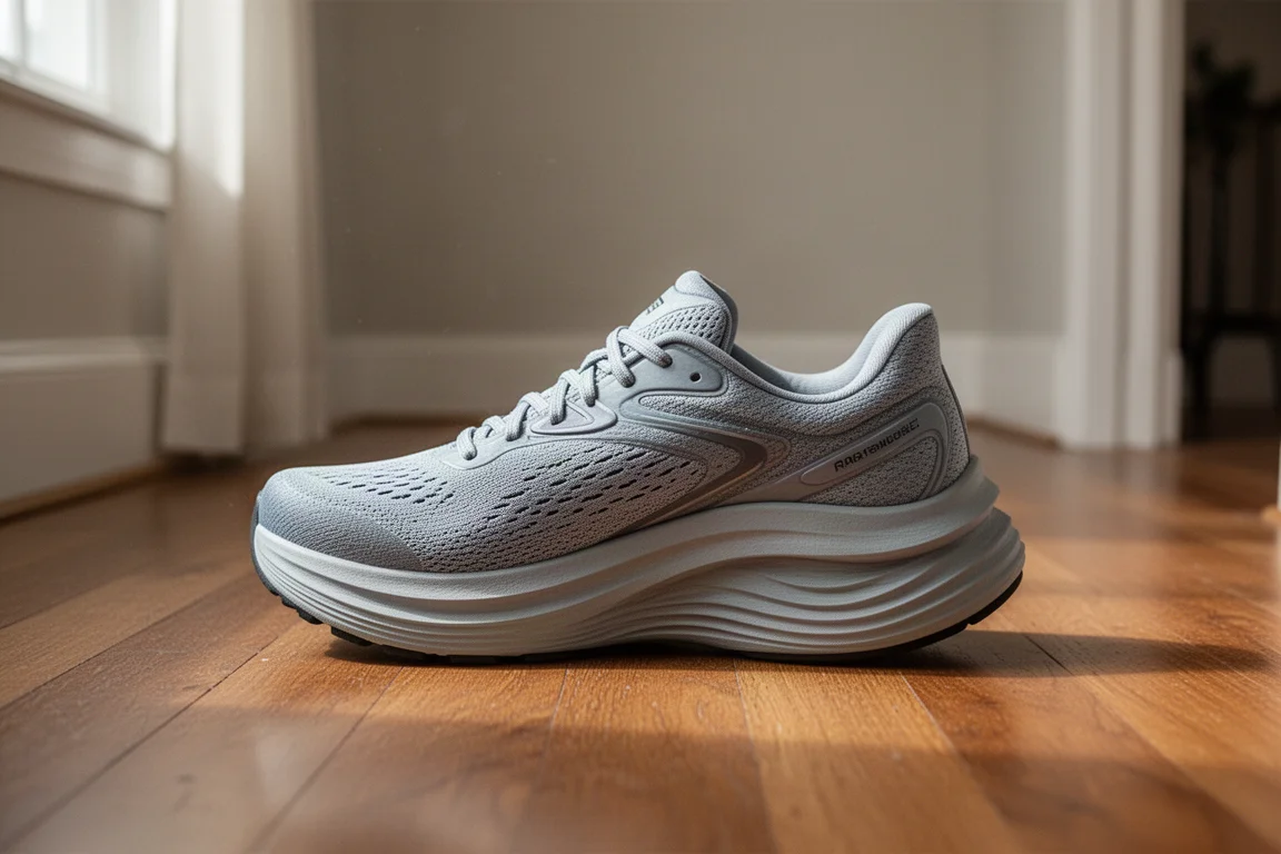 Stark gedämpfter Recovery-Laufschuh liegt auf dem Boden eines Hausflurs