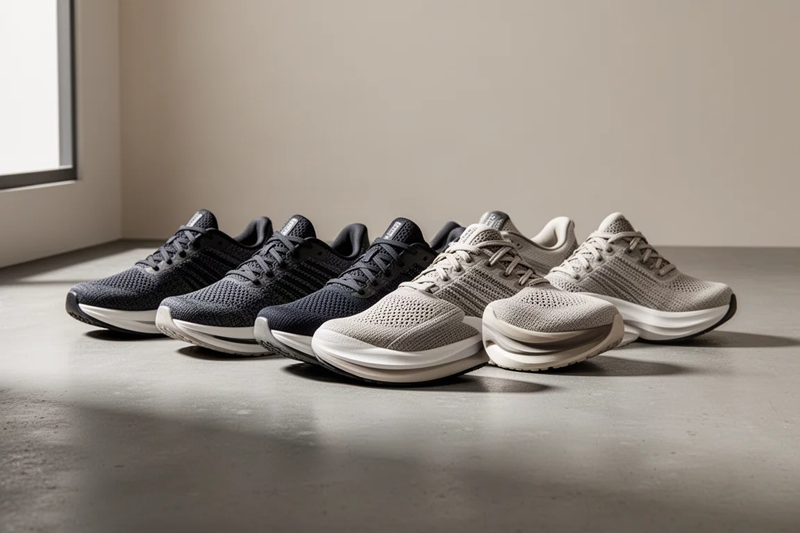 Six stability running shoes arranged in a row on a grey concrete studio floor