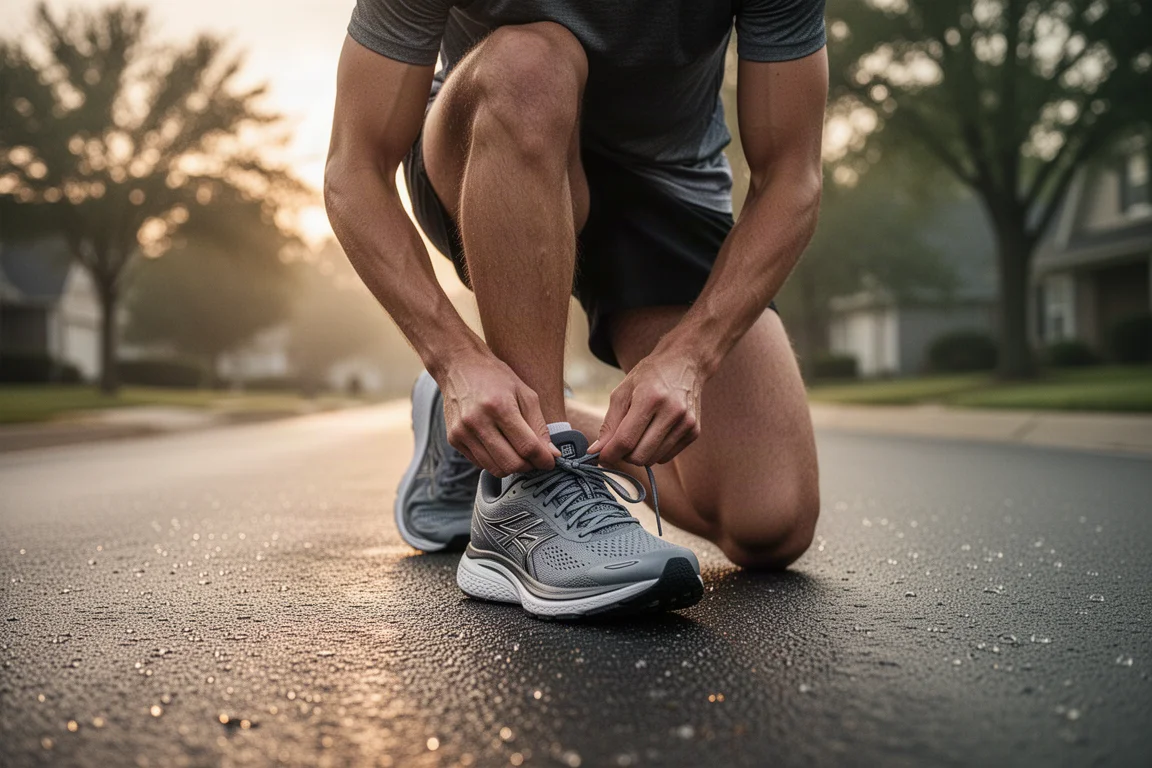 Un coureur attache ses chaussures de running stabilisantes à l'aube sur une route suburbaine tranquille