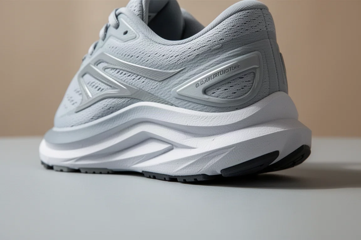 Gros plan sur la semelle intermédiaire d'une chaussure de running montrant la géométrie du soutien médial