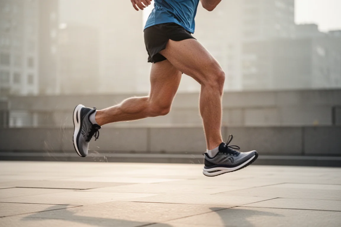 Un coureur en foulée fluide dans les rues de la ville avec des chaussures de running amorties lors d'une sortie longue tranquille
