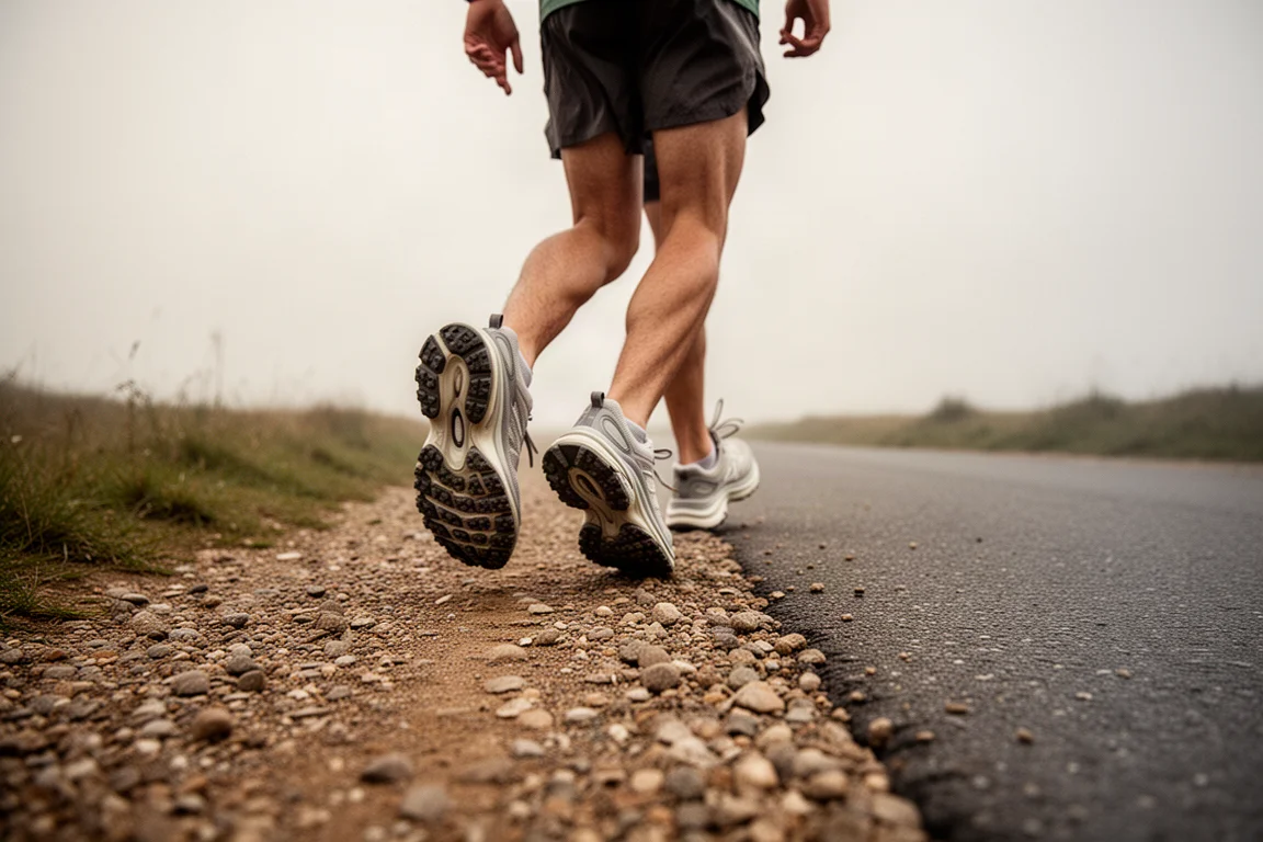 Primo piano della suola intermedia a strati di una scarpa da running con schiume di diverse densità