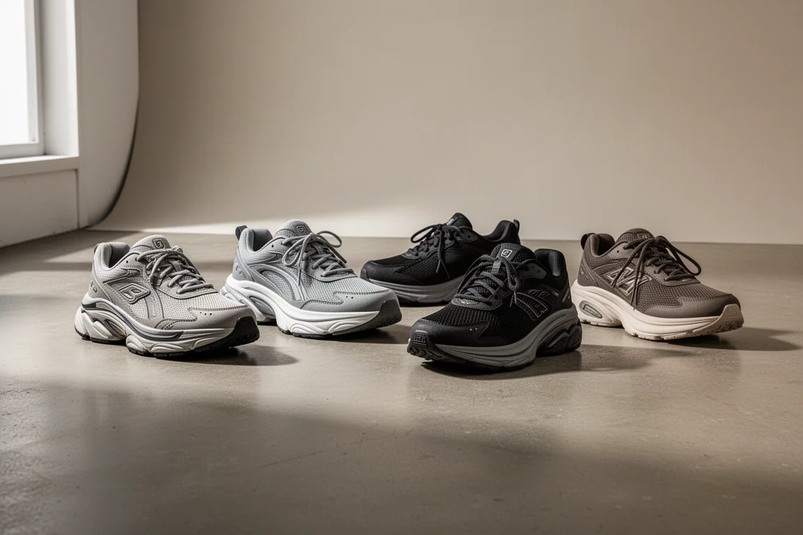 Three running shoes arranged in a row on a concrete studio surface