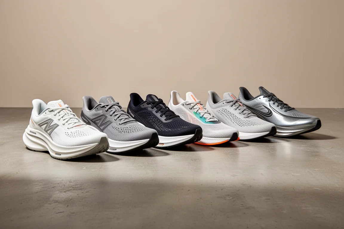 Lineup of eight stability and racing running shoes on a concrete studio floor