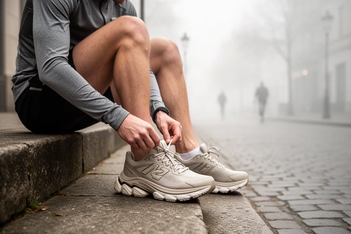 Runner lacing up a cushioned stability running shoe on a quiet suburban street