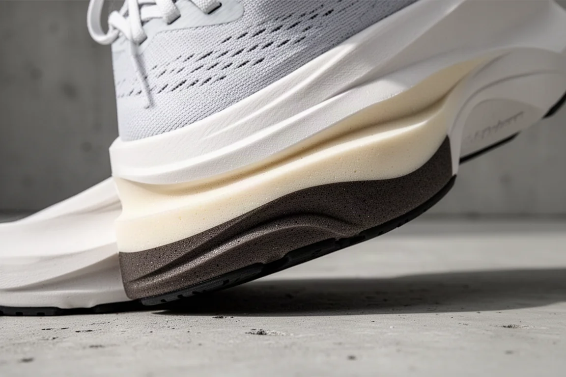 Running shoe midsole showing dual-layer foam construction in cross-section detail