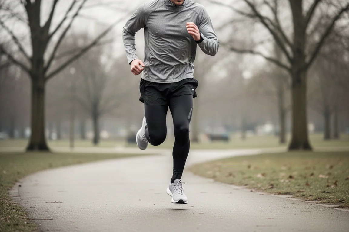 Runner picking up the pace on a paved path during an interval session