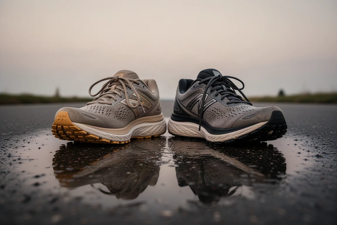 Two running shoes side by side on wet tarmac after testing sessions