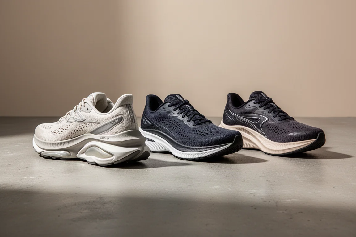 Three stability running shoes arranged in a row on a concrete surface