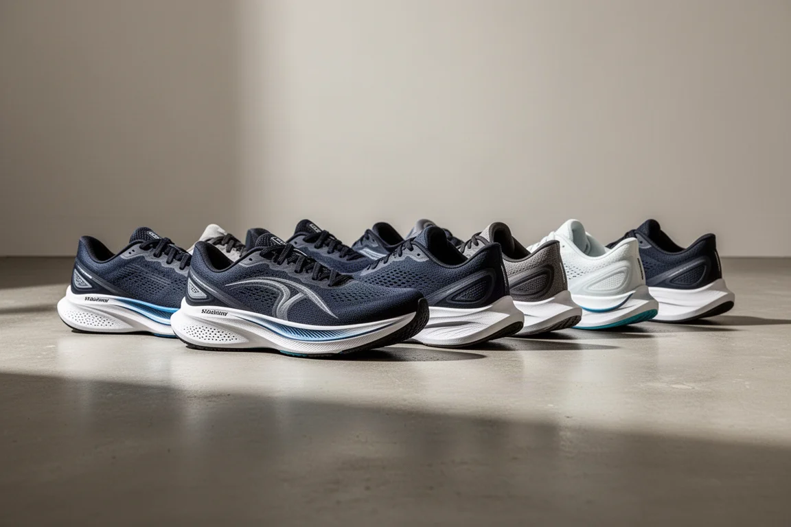 Row of seven stability running shoes on a concrete floor