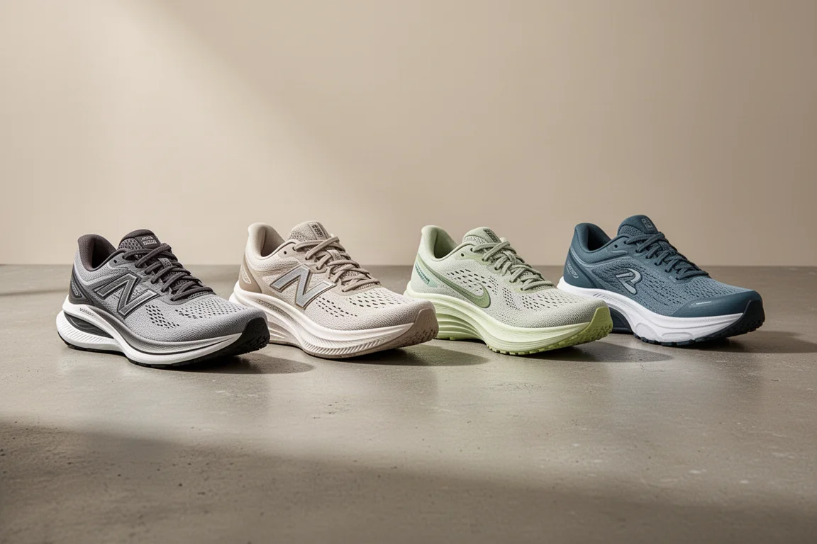 Five stability running shoes arranged in a row on a concrete surface